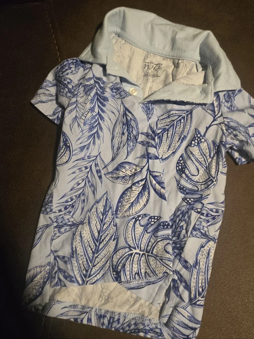 The Children's Place Light Blue Polo with Navy Leaf Print